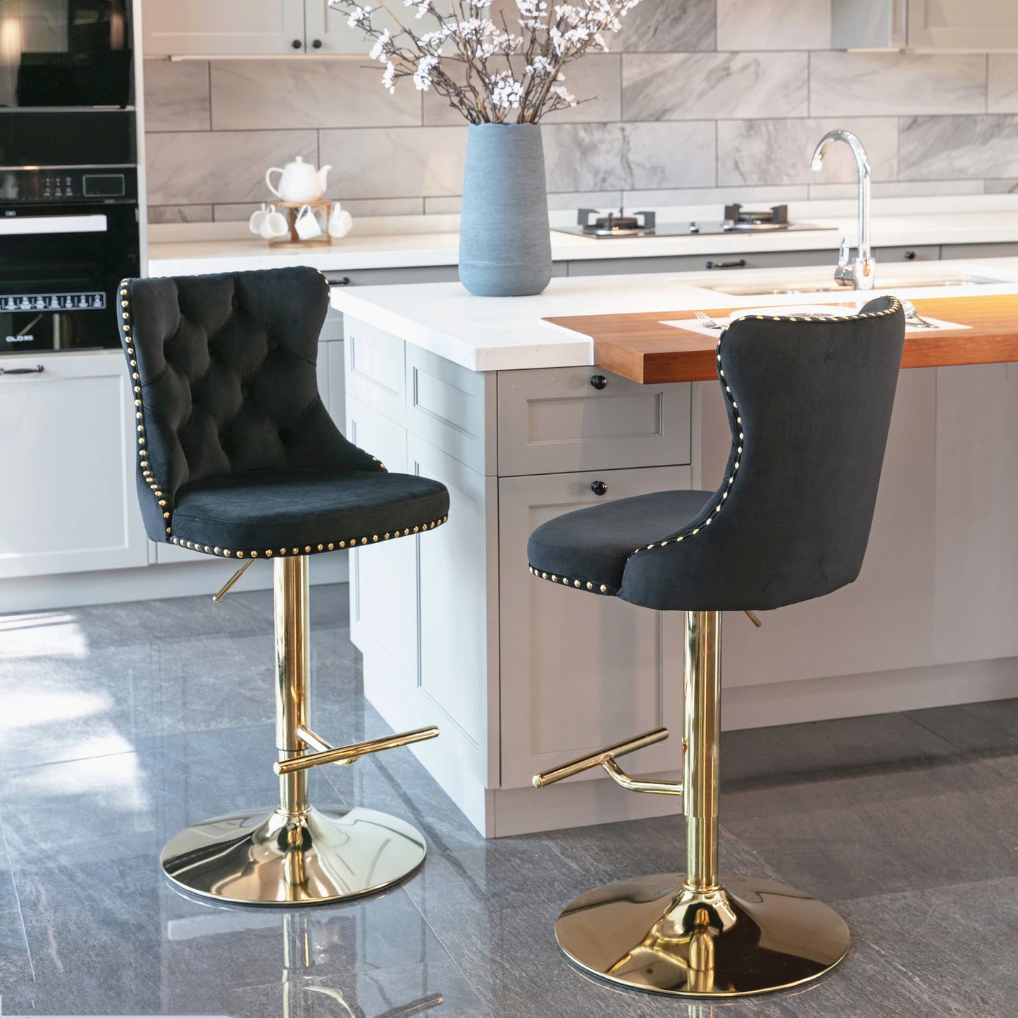 Modern Velvet Gold Studded Barstools