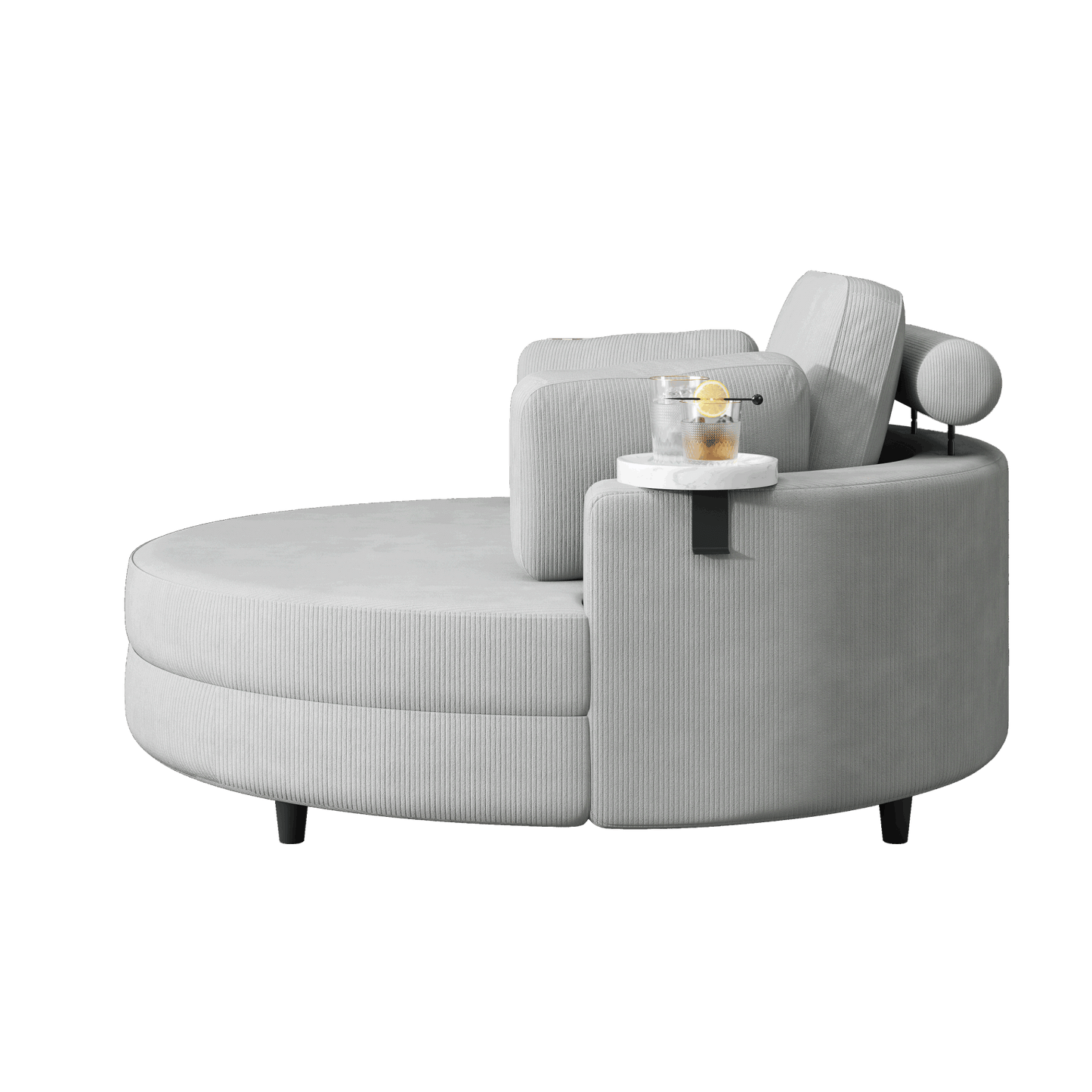 51-inch gray corduroy sofa with two throw pillows and a waist pillow with an extra tray