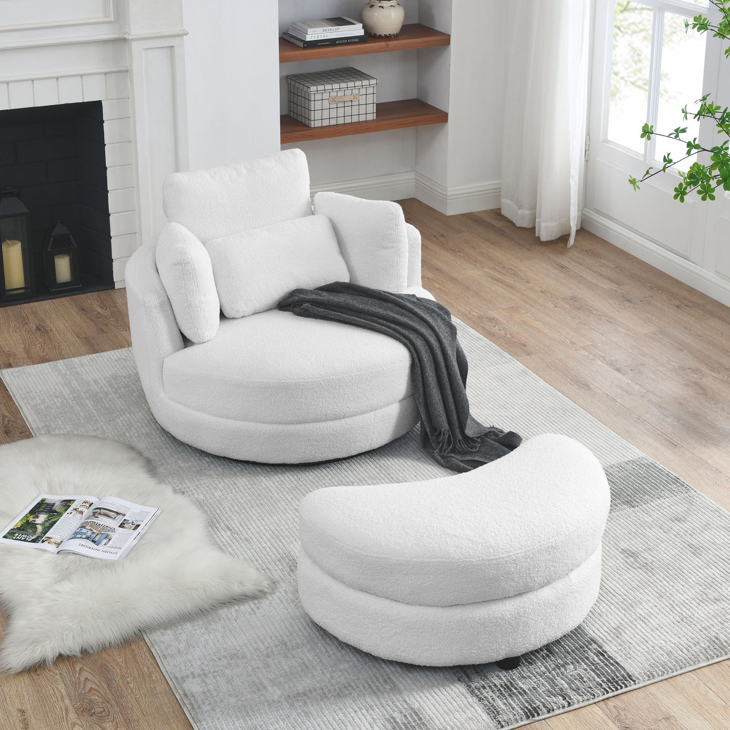 39"W Oversized Swivel Chair with moon storage ottoman