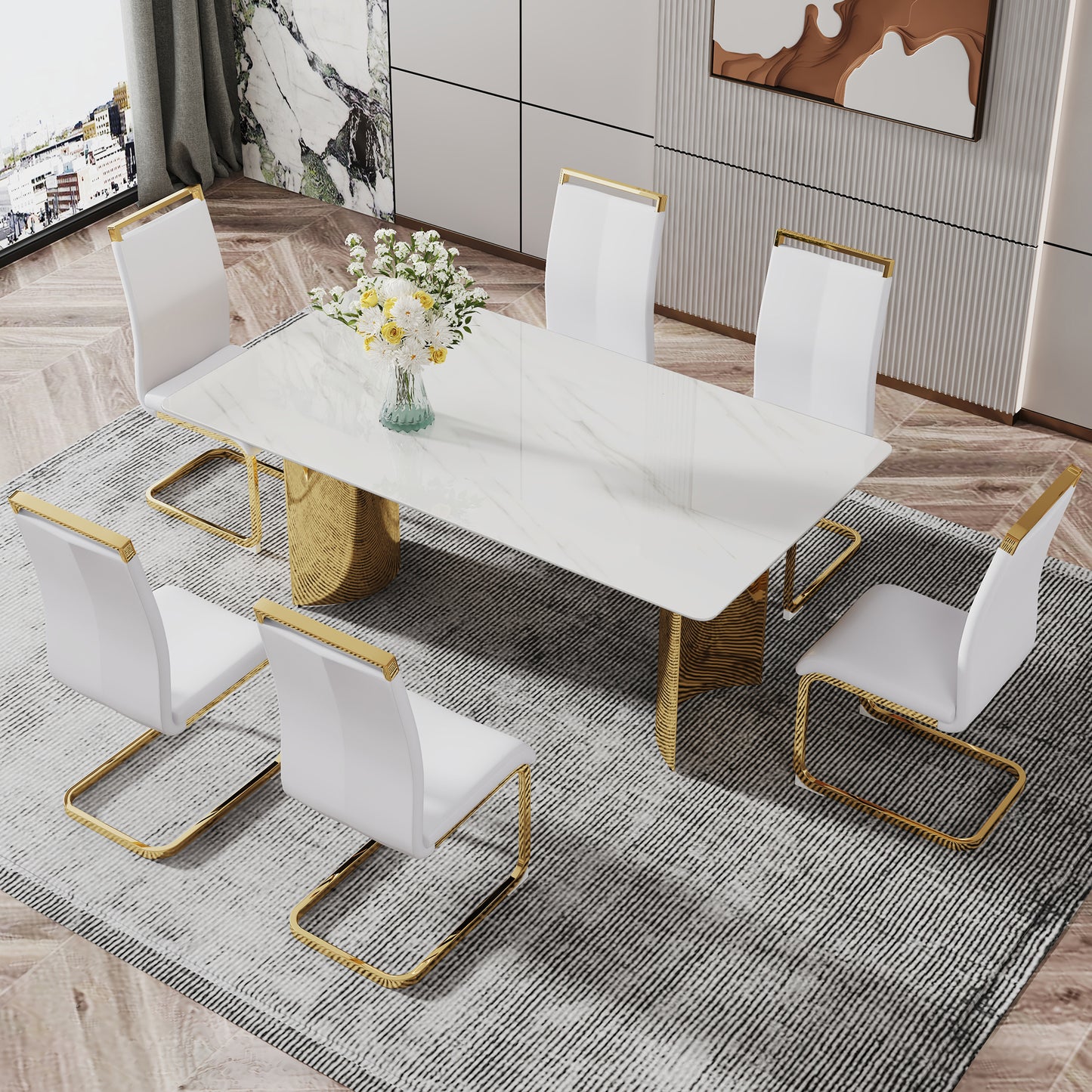 Modern minimalist dining table. The white imitation marble glass desktop is equipped with golden metal legs. Suitable for restaurants and living rooms 71 "* 39.3" * 29.5 "DT-69