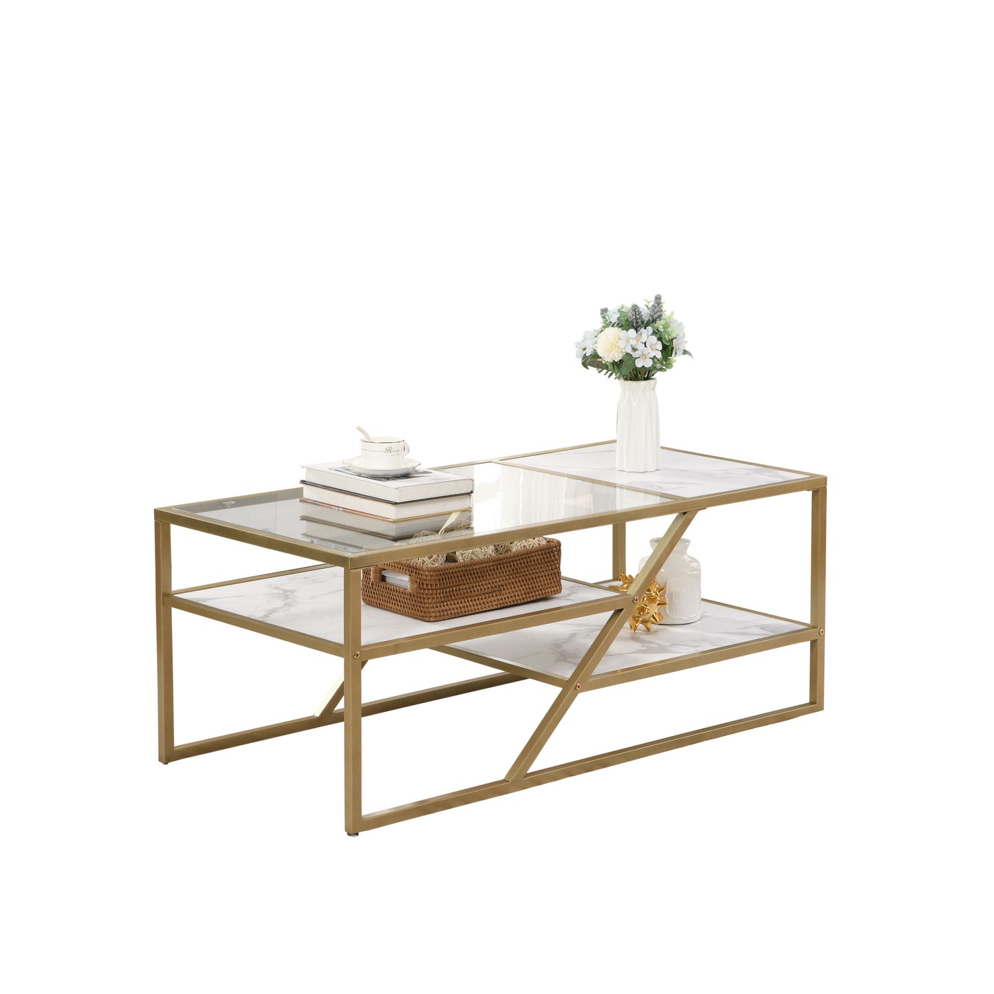 Golden Coffee Table with Storage Shelf; Tempered Glass Coffee Table with Metal Frame