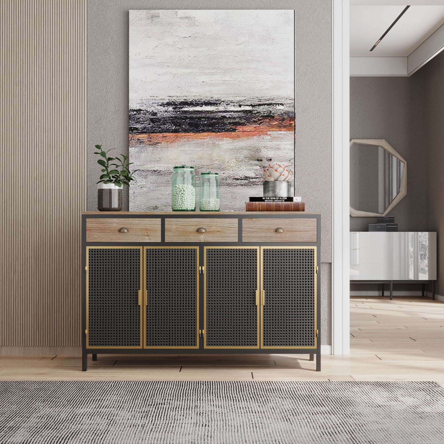 48" Wide 4 Doors Modern Sideboard with 3 Top Drawers, Freestanding Sideboard Storage Cabinet Entryway Floor Cabinet