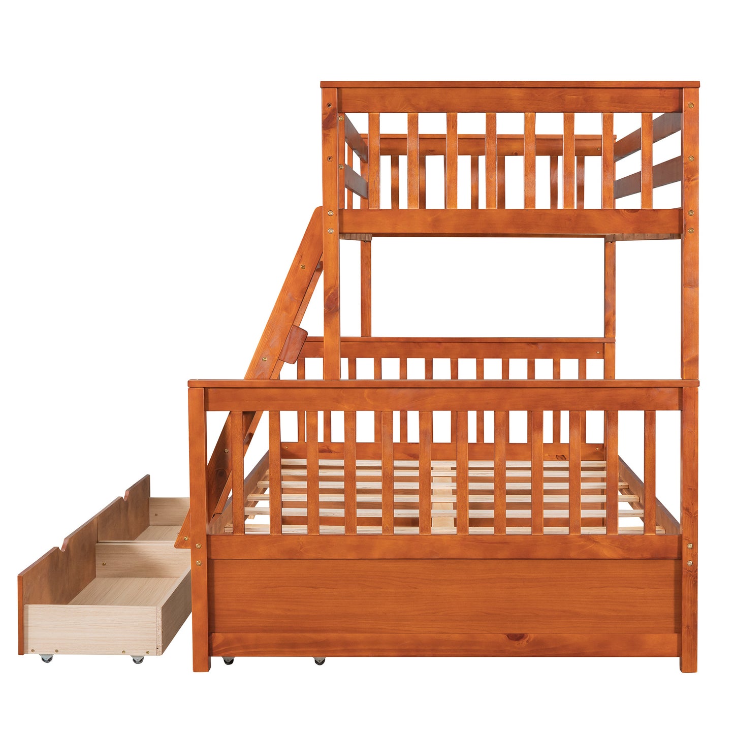 Brown- Twin-Over-Full Bunk Bed with Ladders and Two Storage Drawers