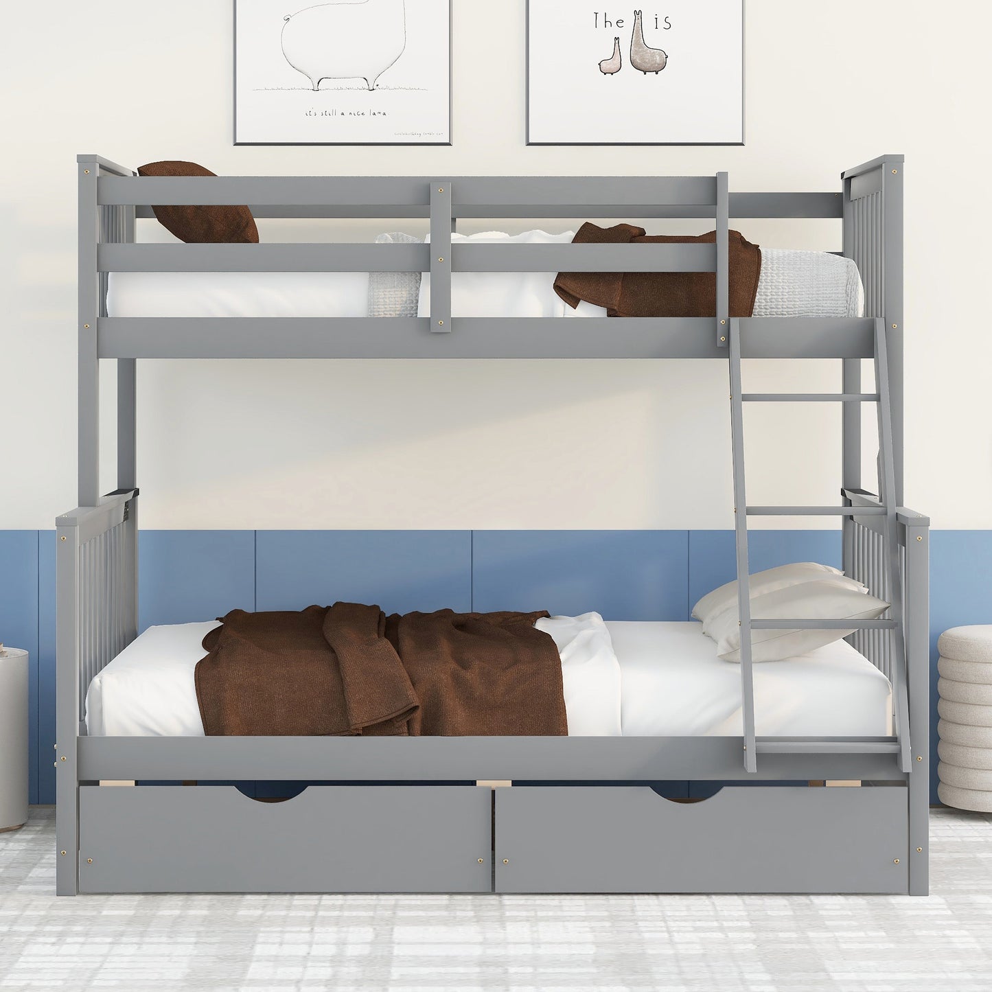 Brown- Twin-Over-Full Bunk Bed with Ladders and Two Storage Drawers