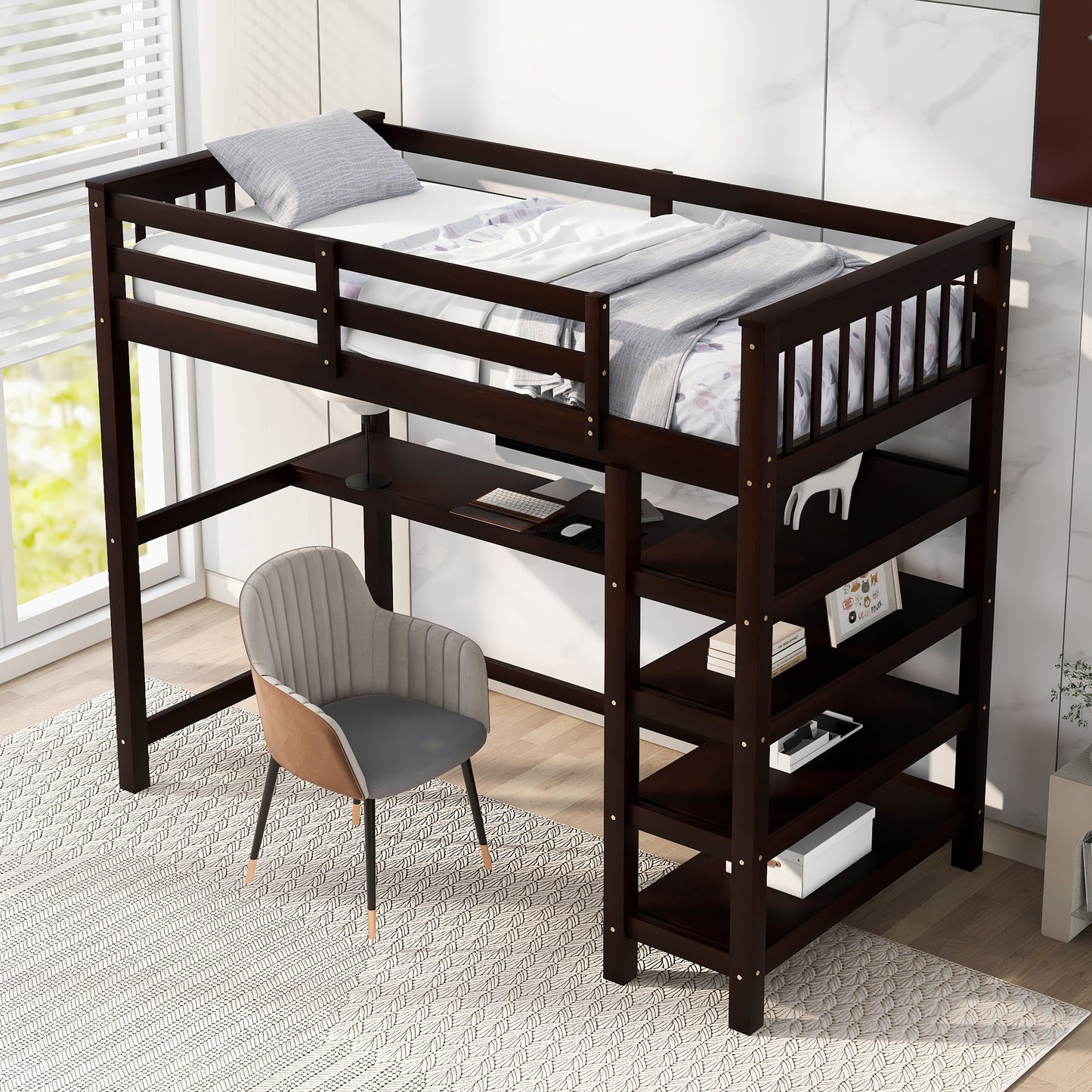 Twin Size Loft Bed with Storage Shelves and Under-bed Desk