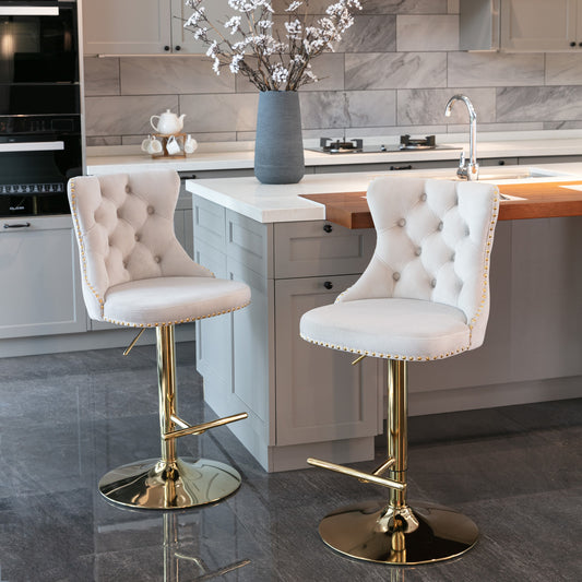 A&A Furniture,Golden Swivel Velvet Barstools Adjusatble Seat Height from 25-33 Inch, Modern Upholstered Bar Stools with Backs Comfortable Tufted for Home Pub and Kitchen Island(Beige,Set of 2)