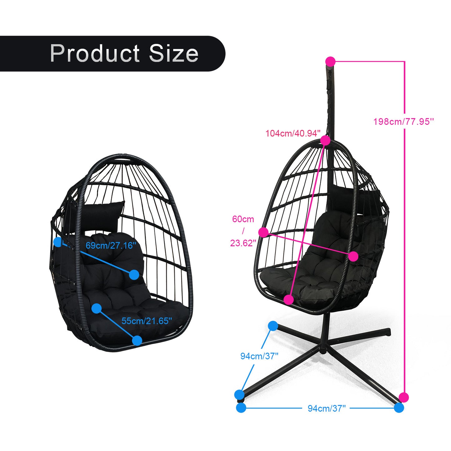 Hanging Folding Egg Chair for Indoor Outdoor Patio with Aluminum Frame and Metal Stand;  330lbs Capacity