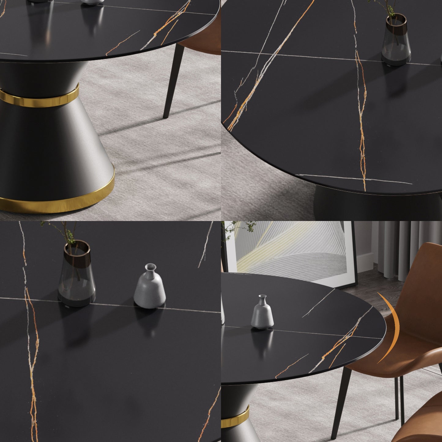 53.15"Modern artificial stone round black carbon steel base dining table-can accommodate 6 people