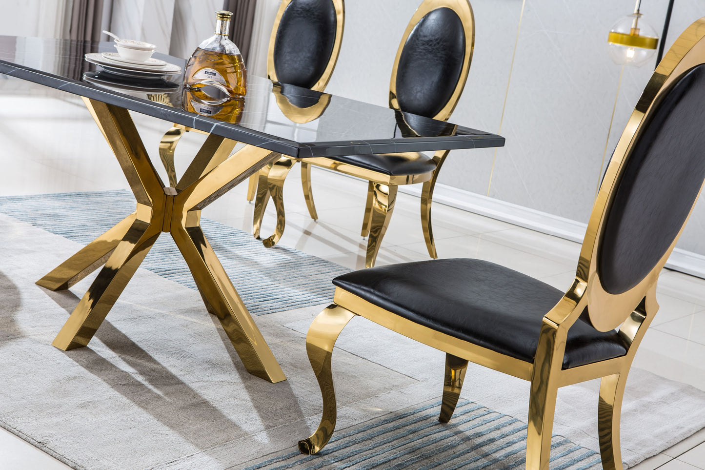 Marble Table for Dining Room/Kitchen, 1.02" Thick Marble Top, Gold Finish Stainless Steel Base, Size:79"Lx39"Dx30"H(Not Including Chairs)