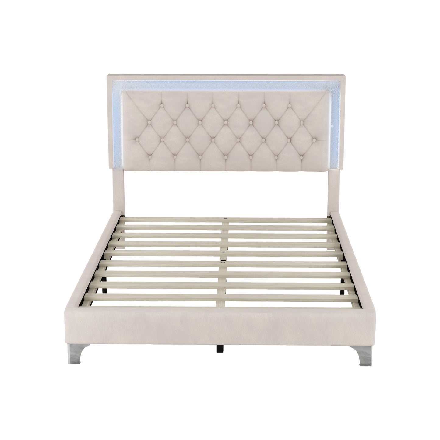 Full Size Upholstered Bed Frame with LED Lights,Modern Velvet Platform Bed with Tufted Headboard,Beige