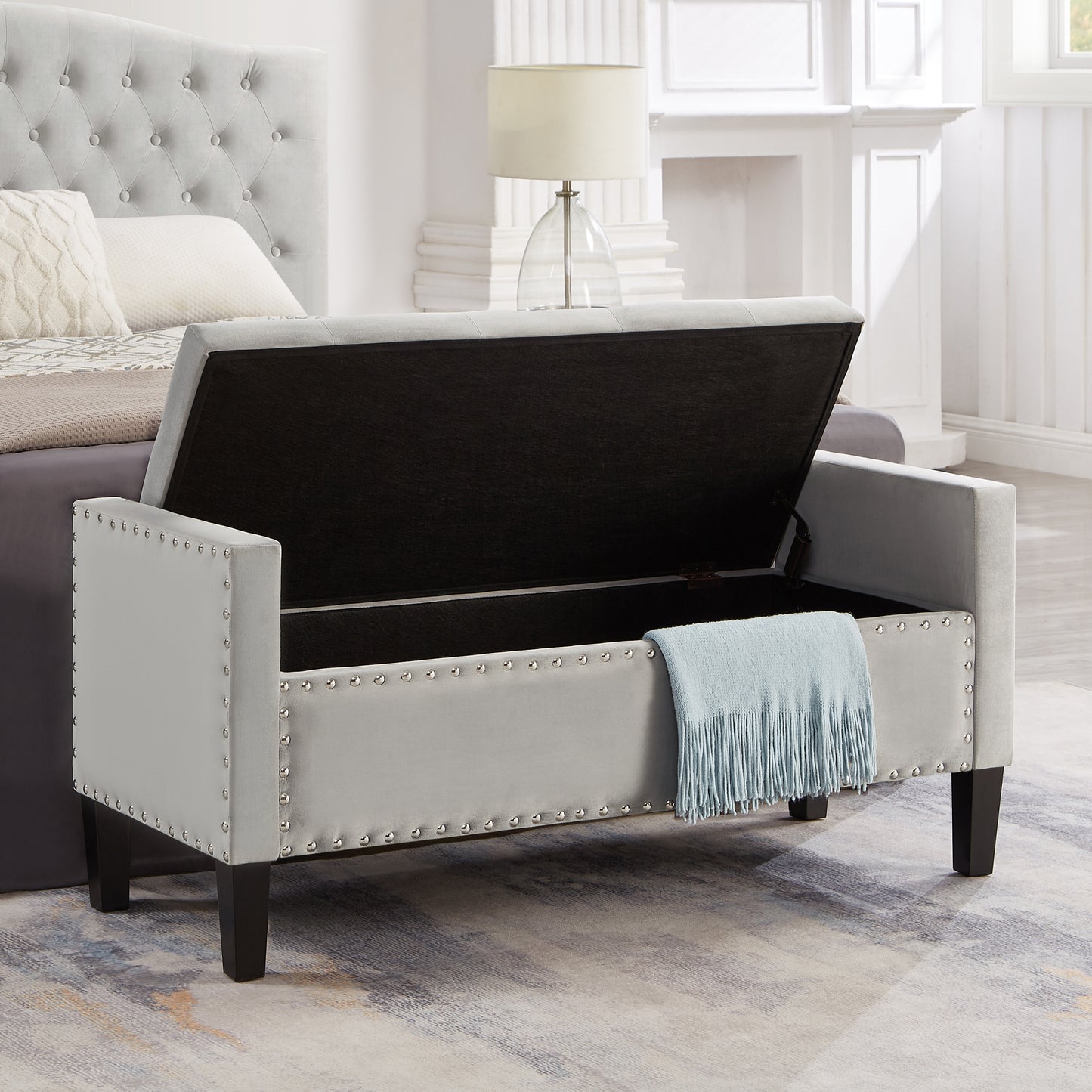 Upholstered Tufted Button Storage Bench with nails trim,Entryway Living Room Soft Padded Seat with Armrest,Bed Bench-Gray