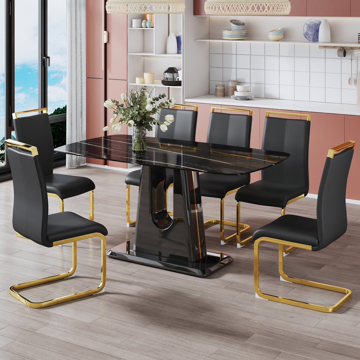 ElegantMarble Rectangular Dining Set - Includes 1 Table and 6 Chairs. Modern, Simple, and Luxurious with Black Imitation Marble Tabletop and 6 Black PU Gold-Plated Leg Chairs.