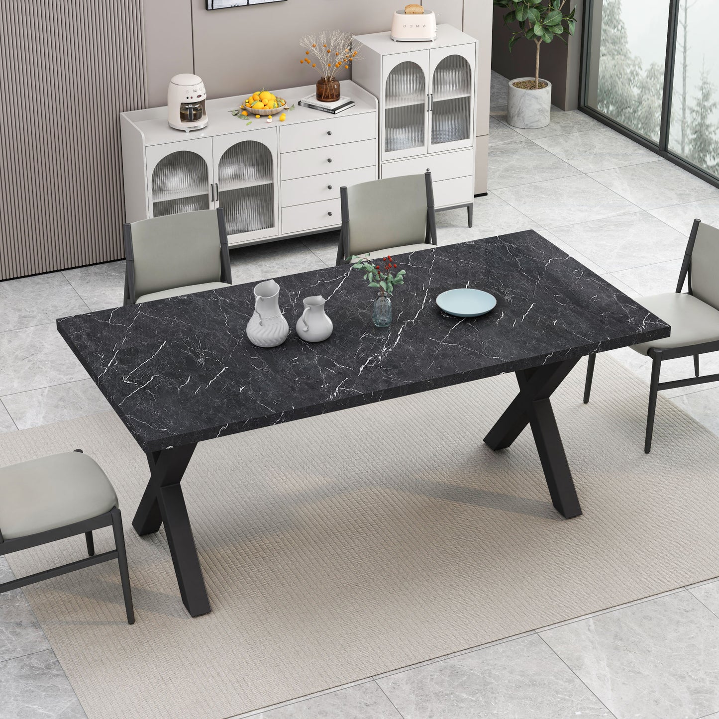 70.87\"Modern Square Dining Table with Printed  Marble Table Top+ X-Shape Table Leg