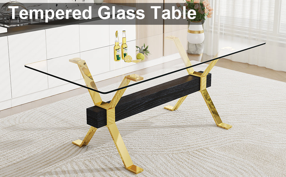 GrandGlass Rectangular Dining Set - Includes 1 Table and 8 Chairs. Modern Simplicity with Tempered Glass Tabletop and 8 Black PU Gold-Plated Leg Chairs. Dimensions: 79''x39''x30''