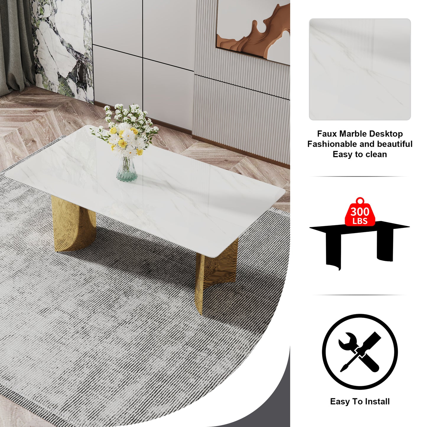 Modern minimalist dining table. The white imitation marble glass desktop is equipped with golden metal legs. Suitable for restaurants and living rooms 71 "* 39.3" * 29.5 "DT-69