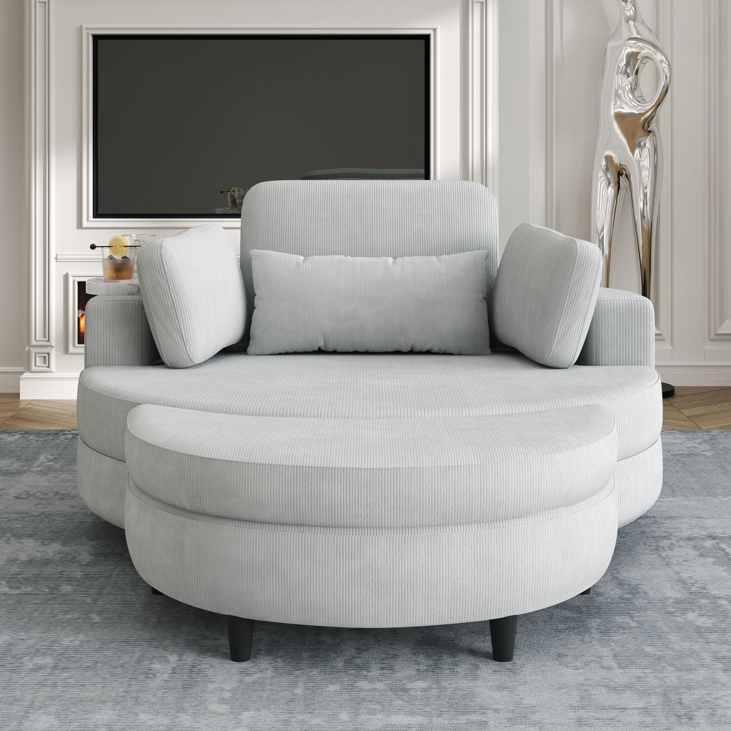 51-inch gray corduroy sofa with two throw pillows and a waist pillow with an extra tray