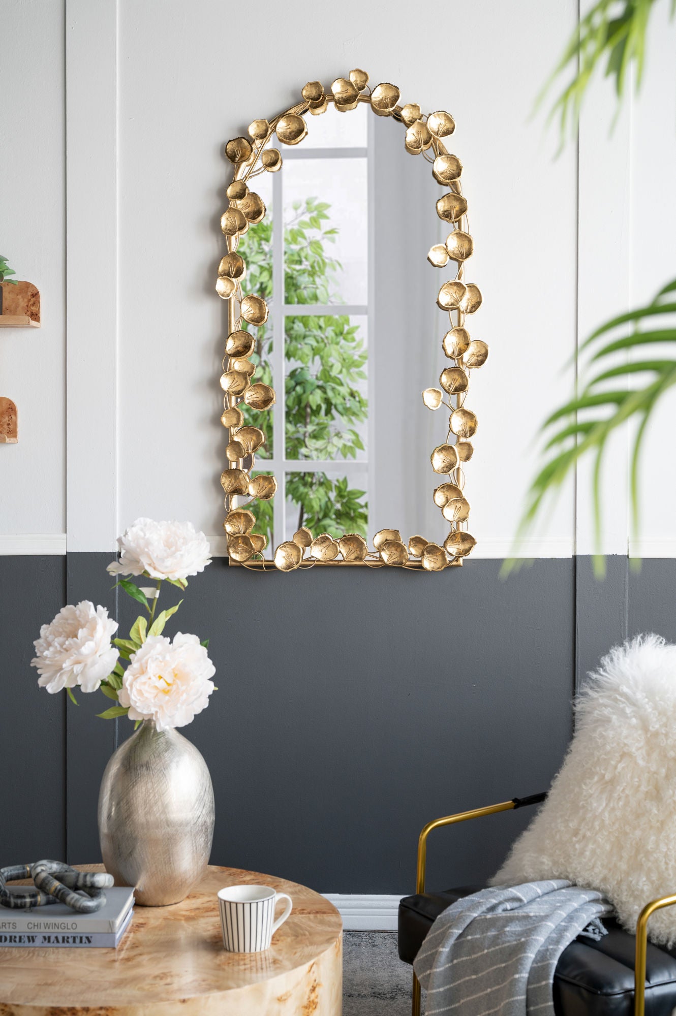 51.5" x 29" Full Length Arched Wall Mirror with Golden Leaf Accents