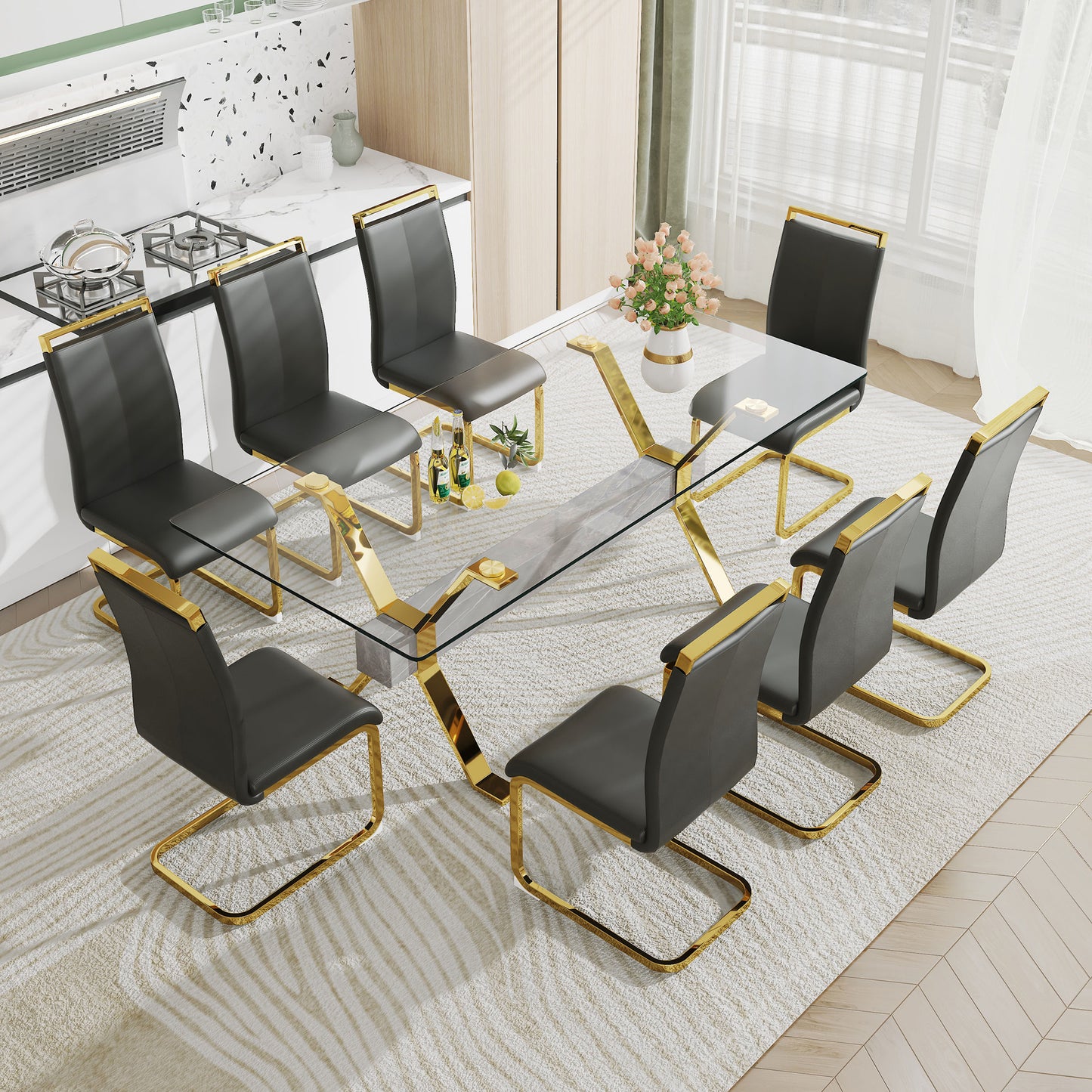 LuxGlass Rectangular Dining Set - Includes 1 Table and 6 Chairs. Modern Simplicity with Tempered Glass Tabletop and 6 Black PU Gold-Plated Leg Chairs. Dimensions: 79''x39''x30''