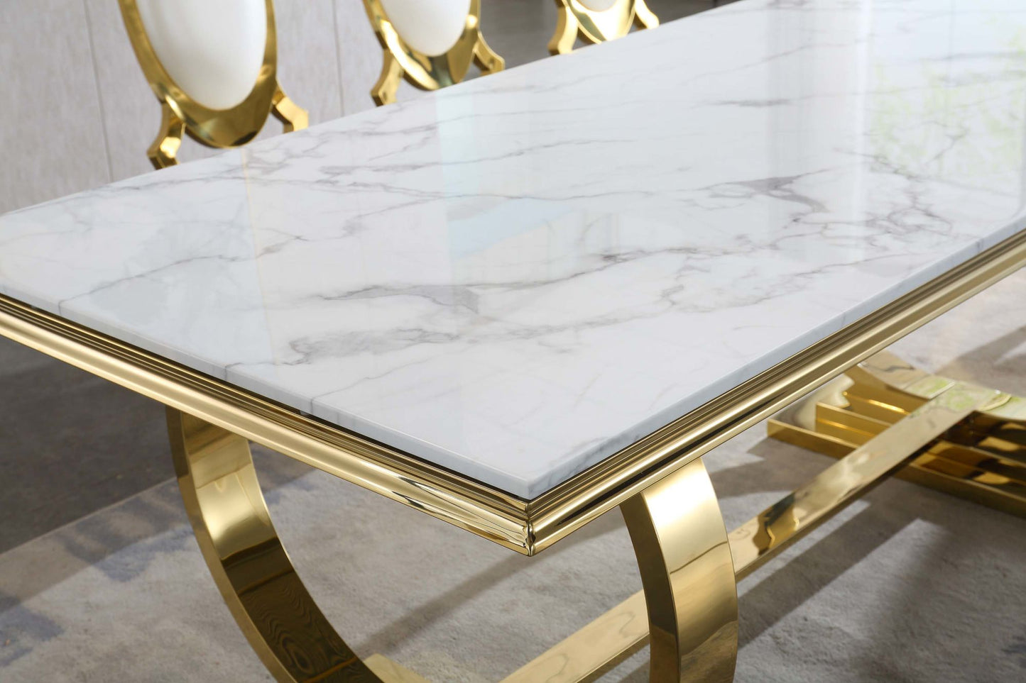 White Marble Dining Table, 0.71" Thick Marble Top, Double U-Shape Stainless Steel Base with Gold Mirrored Finish