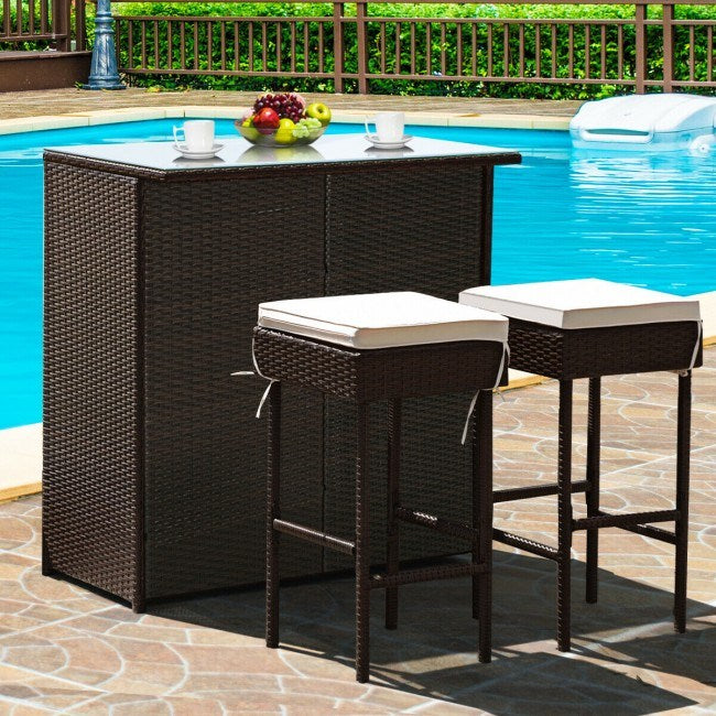 3 Pieces Outdoor Patio Rattan Wicker Bar Set