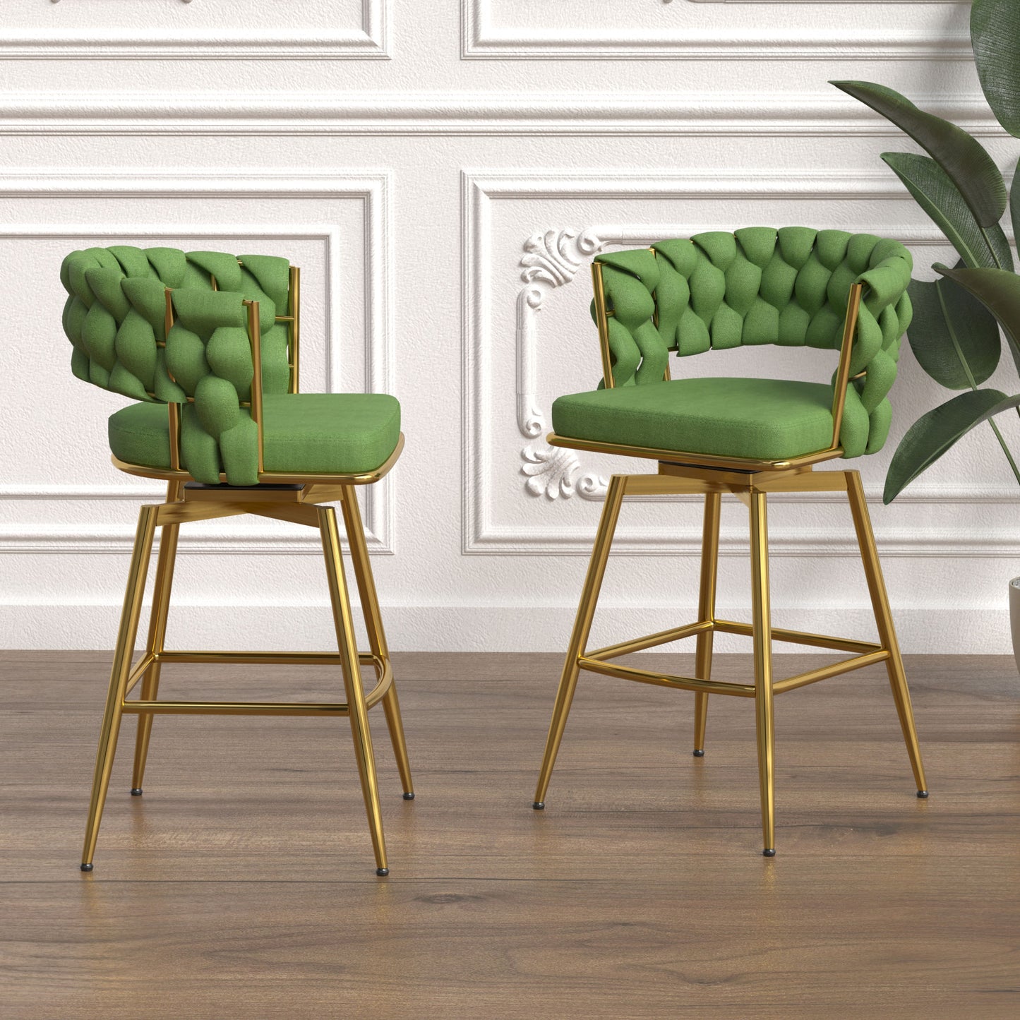 Bar Chair Linen Woven Bar Stool Set of 2, (Green)