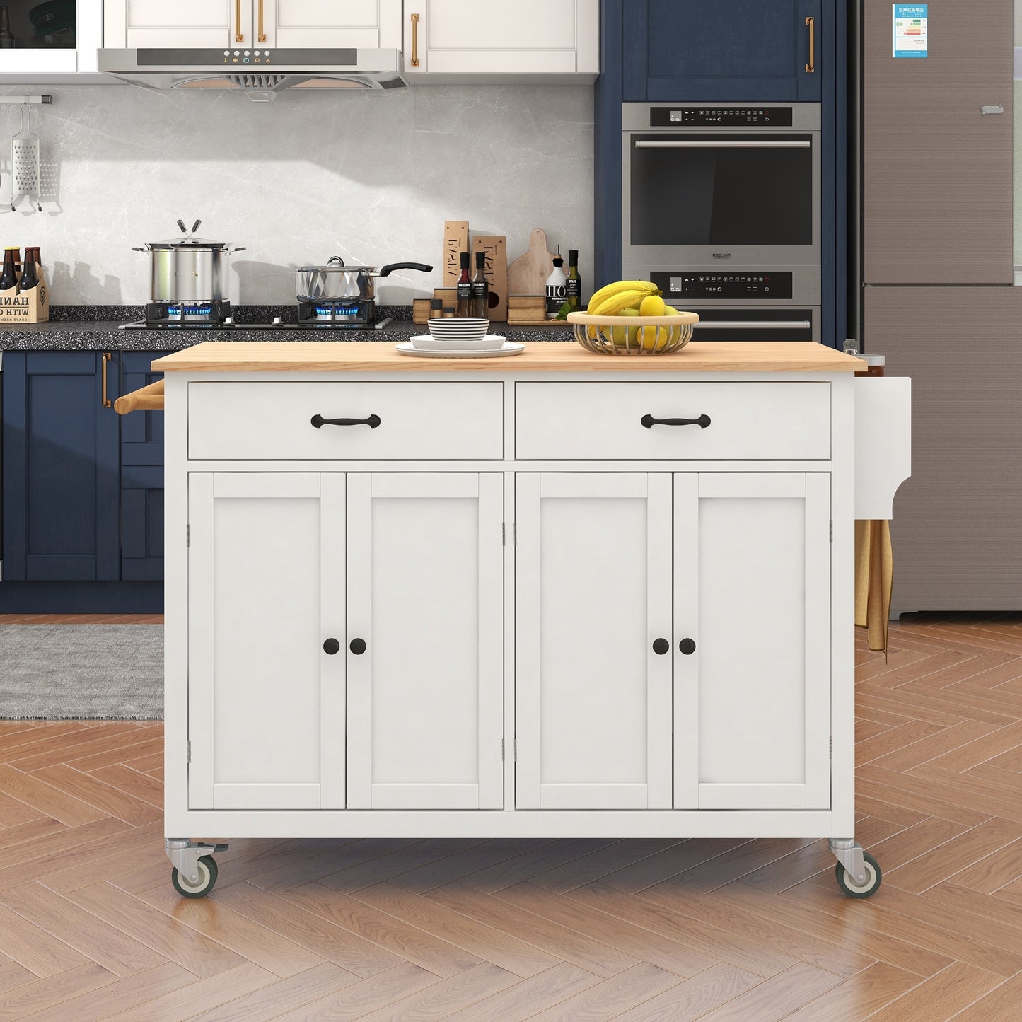 Kitchen Island Cart with Solid Wood Top and Locking Wheels (White)