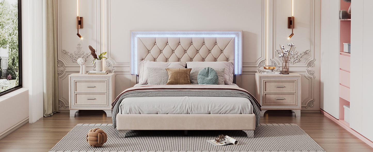 Full Size Upholstered Bed Frame with LED Lights,Modern Velvet Platform Bed with Tufted Headboard,Beige