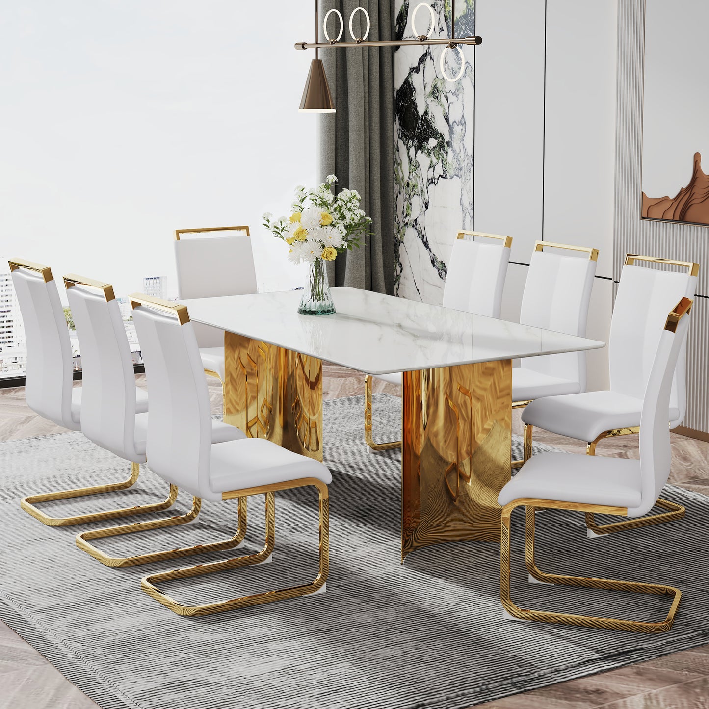 Modern minimalist dining table. The white imitation marble glass desktop is equipped with golden metal legs. Suitable for restaurants and living rooms 71 "* 39.3" * 29.5 "DT-69