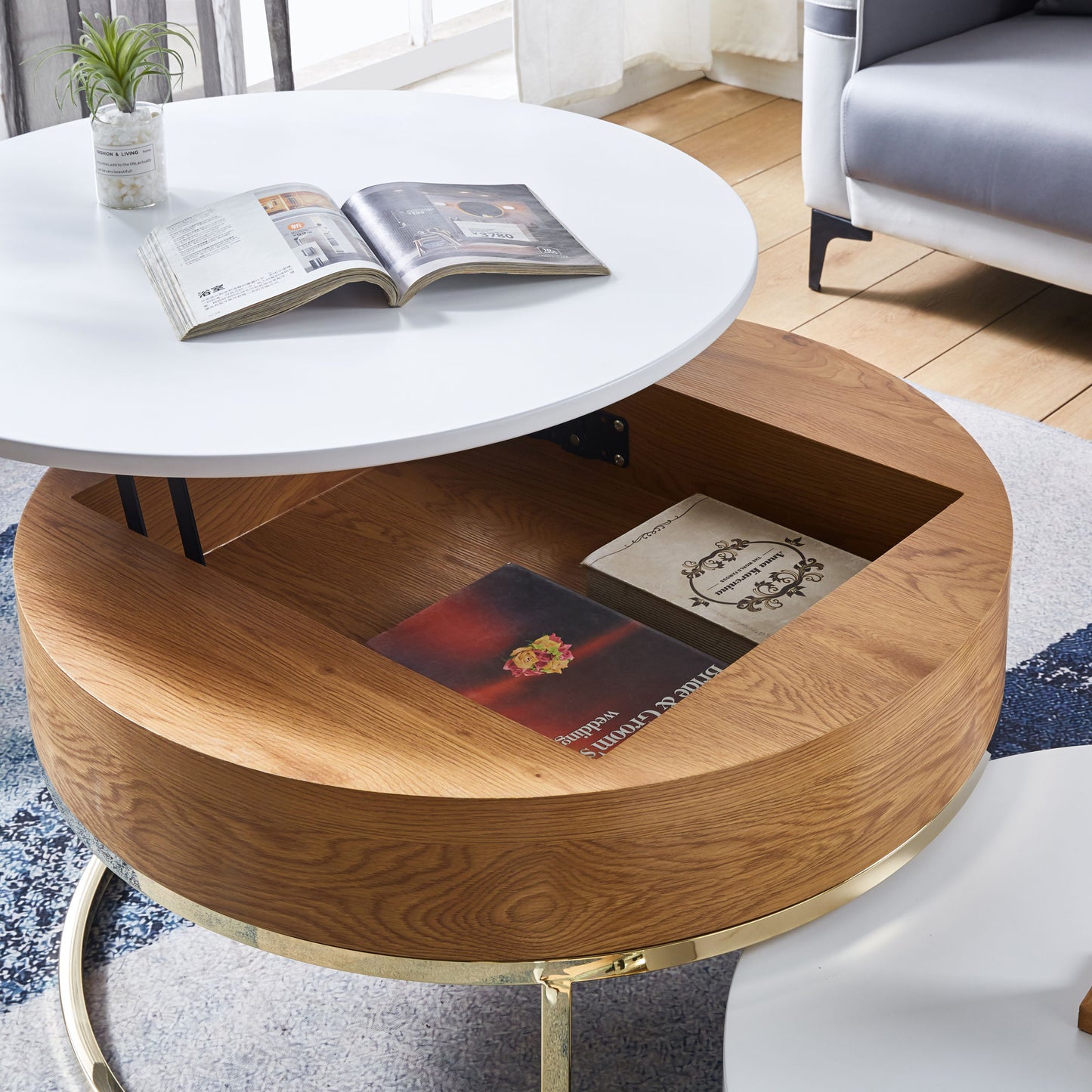 Set of 2; Round White Center Table with Gold Finish Metal Base