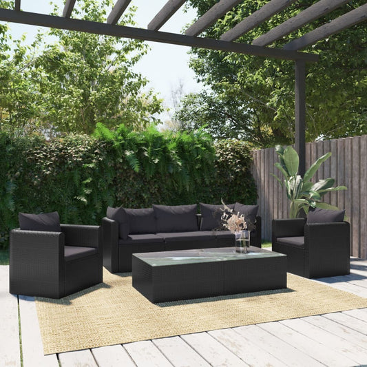 7 Piece Patio Lounge Set with Cushions Poly Rattan Black