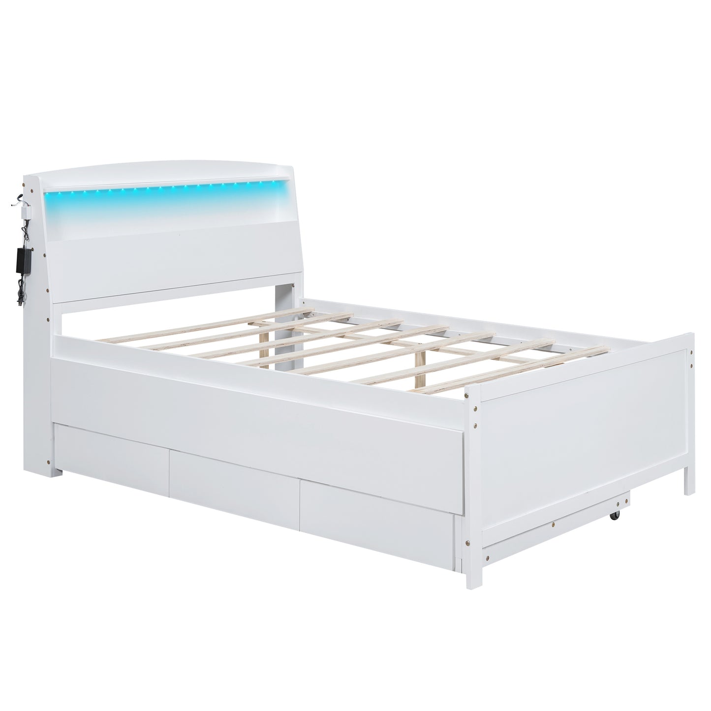 Full Size Platform Bed with Storage LED Headboard, Twin Size Trundle and 3 Drawers, White