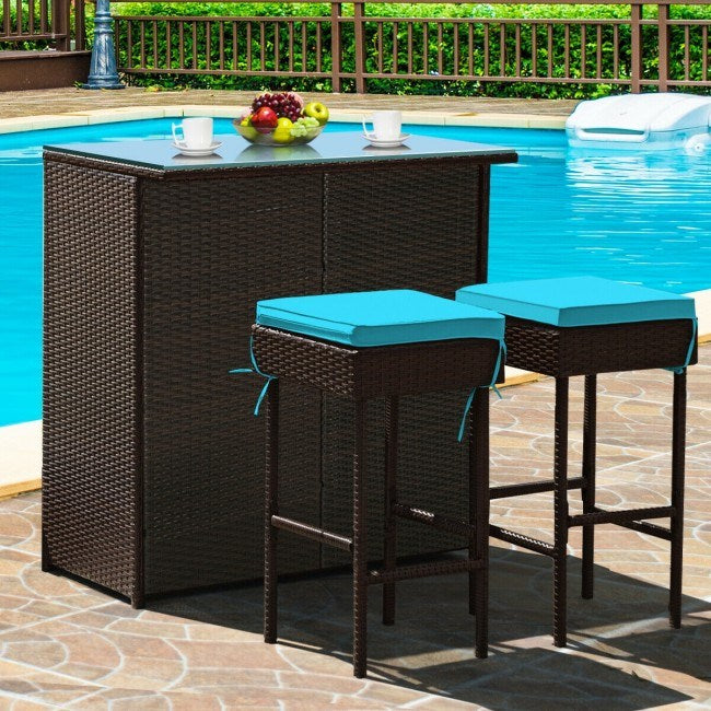 3 Pieces Outdoor Patio Rattan Wicker Bar Set