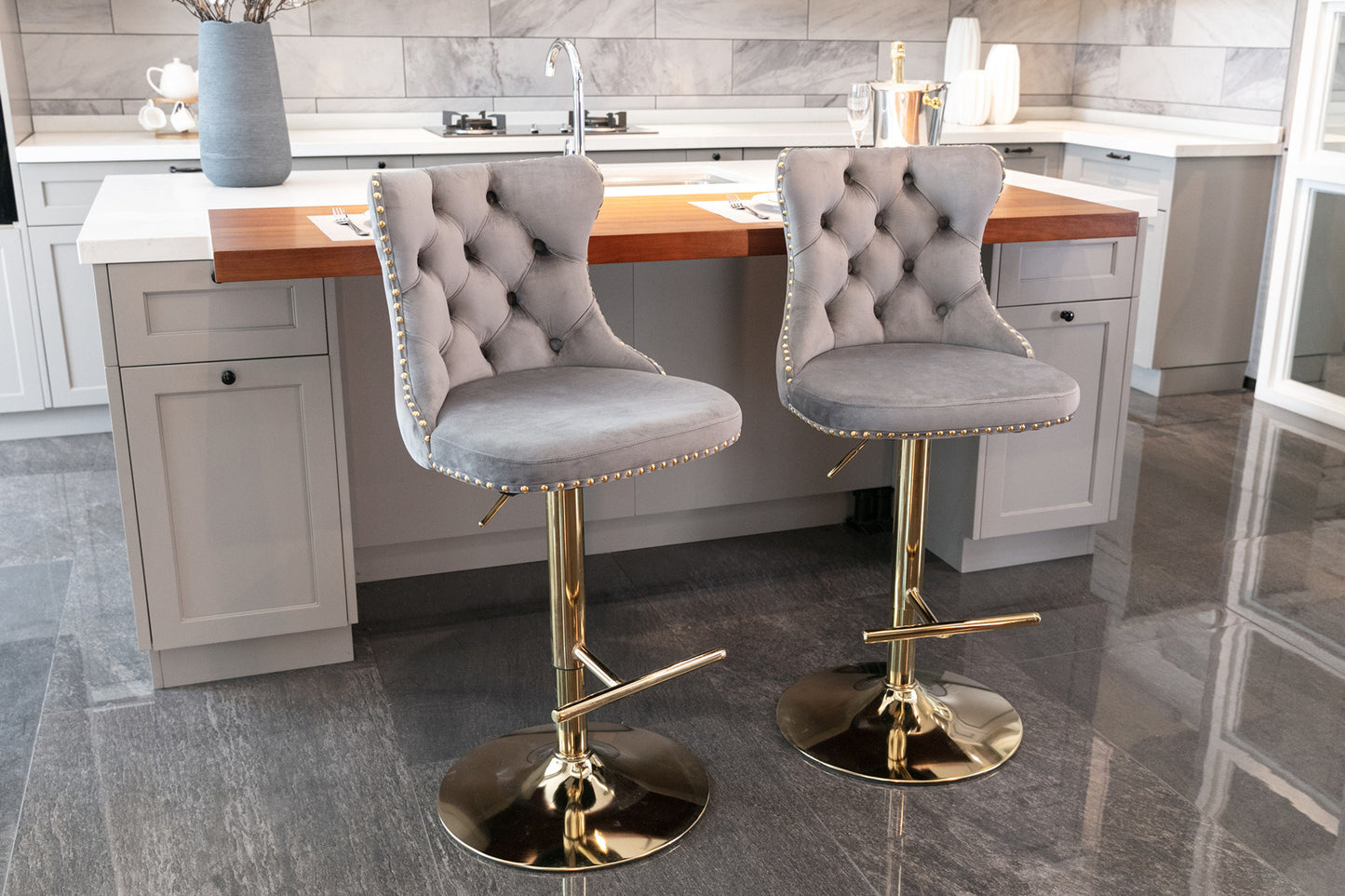 Modern Velvet Gold Studded Barstools