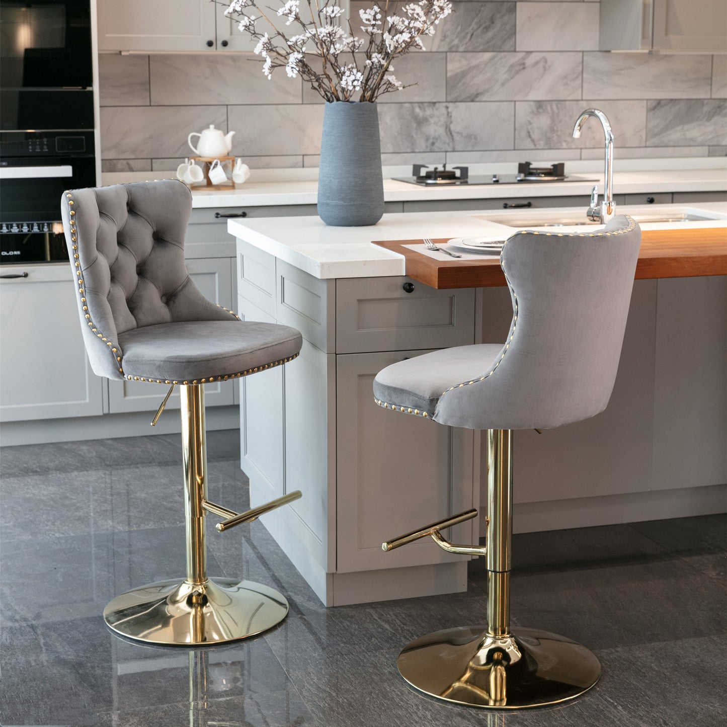 Modern Velvet Gold Studded Barstools