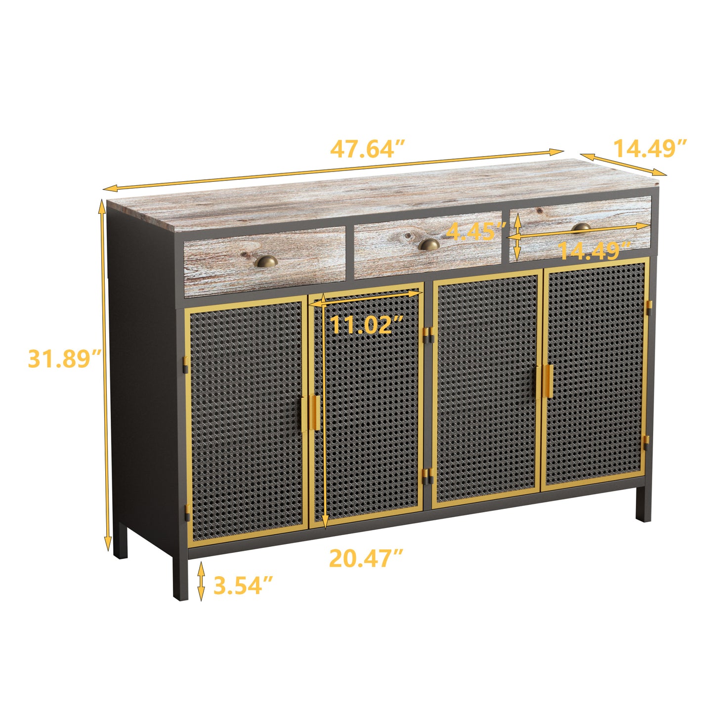 48" Wide 4 Doors Modern Sideboard with 3 Top Drawers, Freestanding Sideboard Storage Cabinet Entryway Floor Cabinet