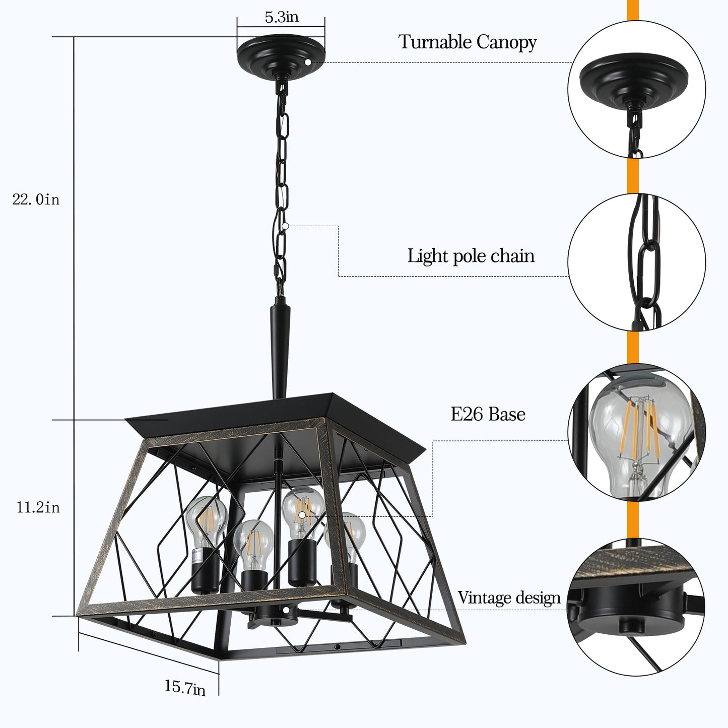 Farmhouse Chandelier 4-Light Vintage Antique Chandeliers Light Fixture For Kitchen Dining Room Living Room(No Bulbs)