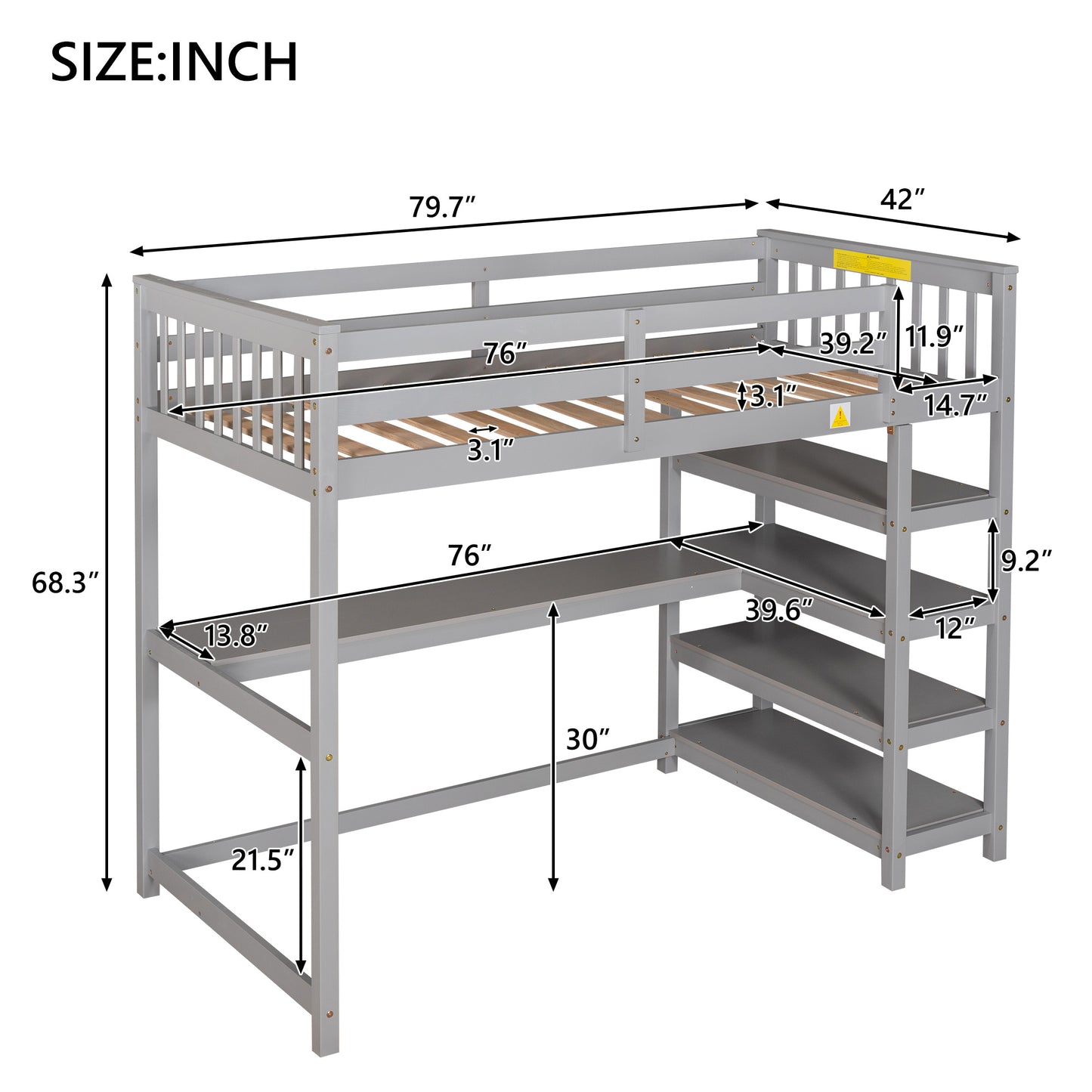 Twin Size Loft Bed with Storage Shelves and Under-bed Desk