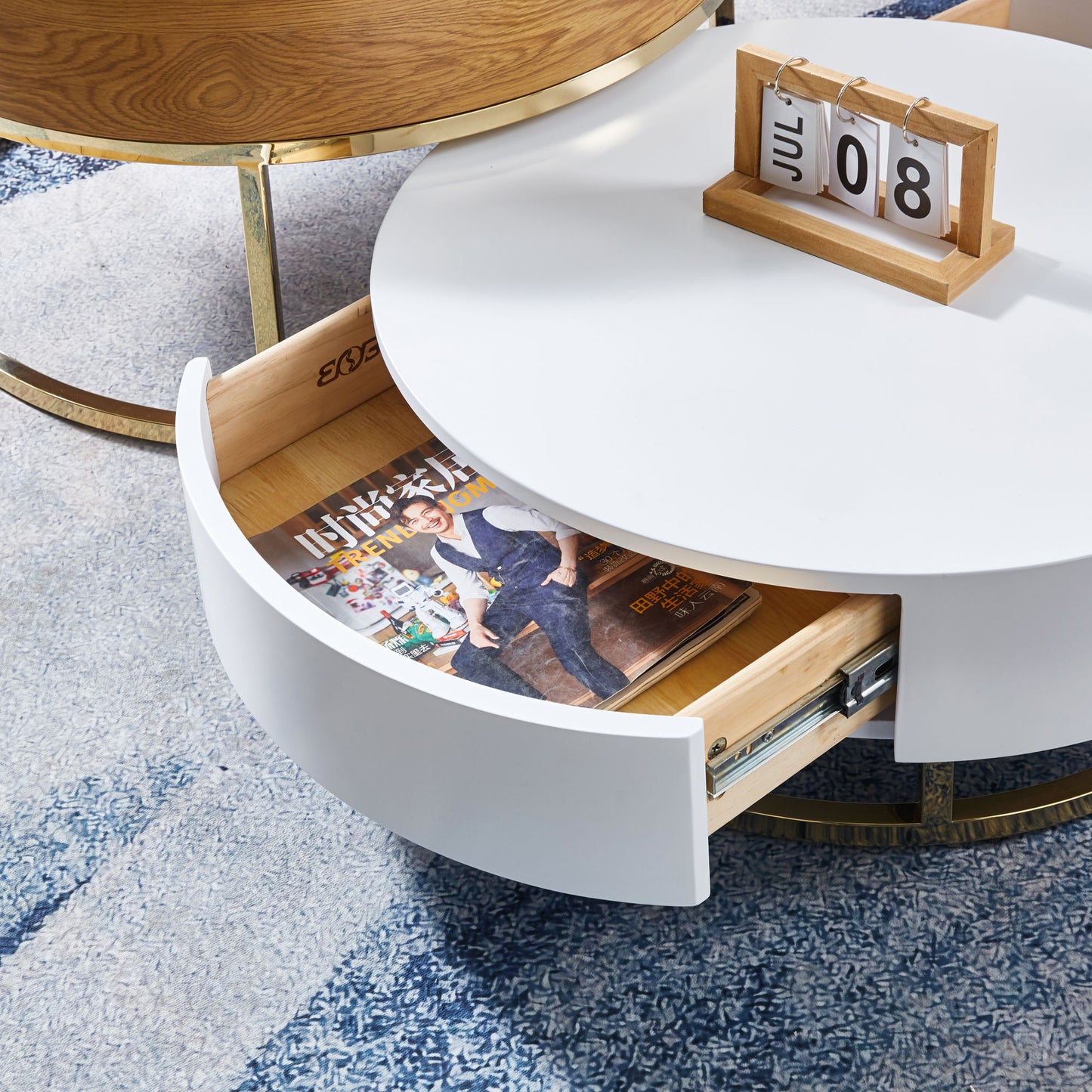 Set of 2; Round White Center Table with Gold Finish Metal Base