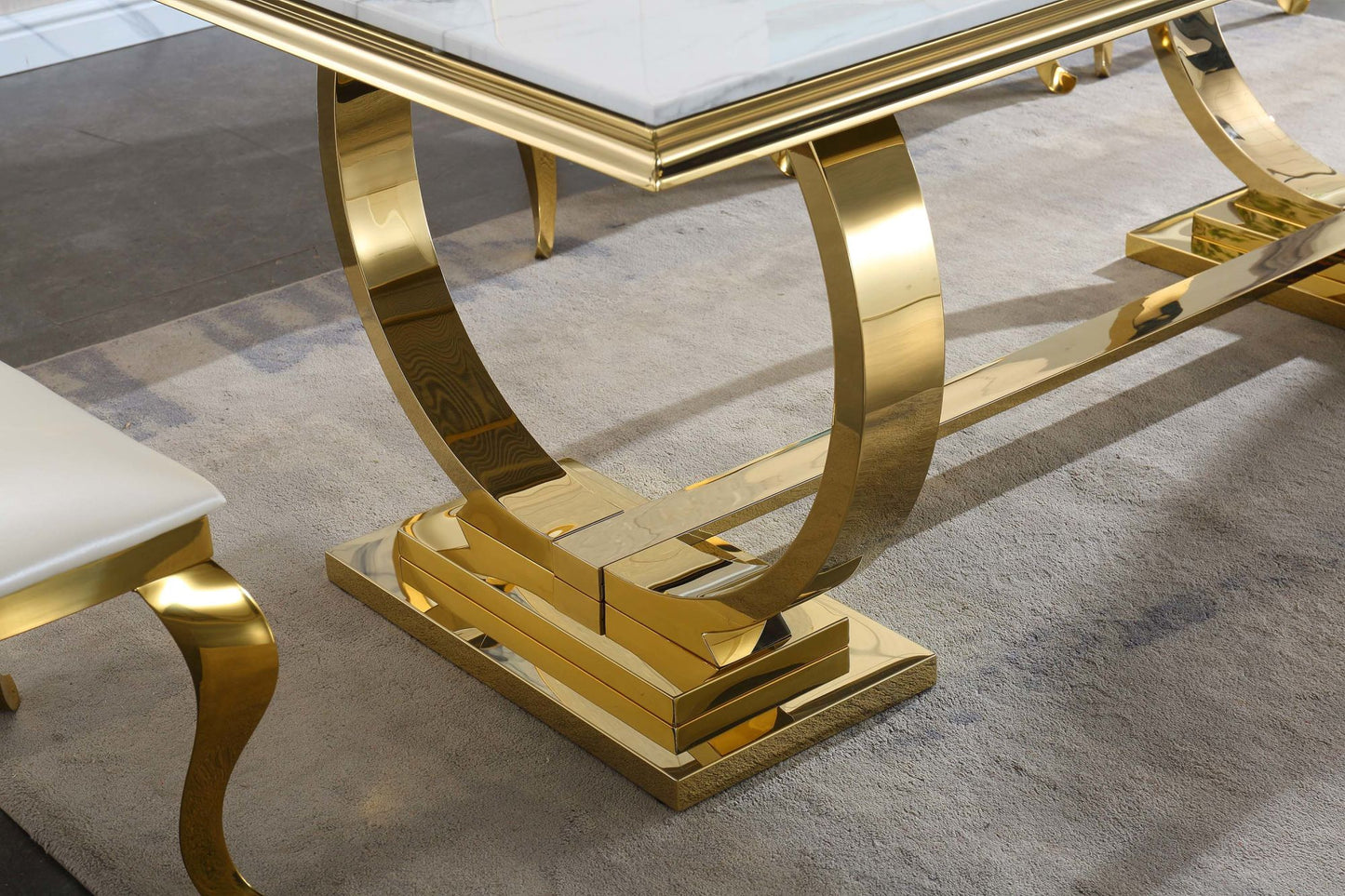 White Marble Dining Table, 0.71" Thick Marble Top, Double U-Shape Stainless Steel Base with Gold Mirrored Finish