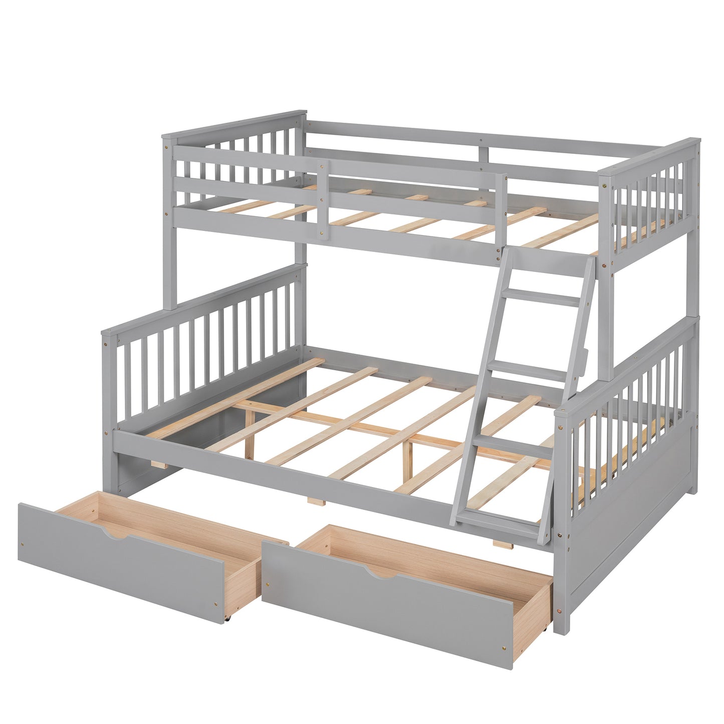 Brown- Twin-Over-Full Bunk Bed with Ladders and Two Storage Drawers