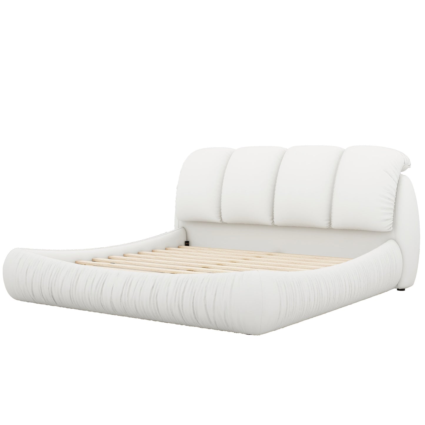 King Size Luxury Upholstered Bed - Leather King Bed with Oversized Padded Backrest, White