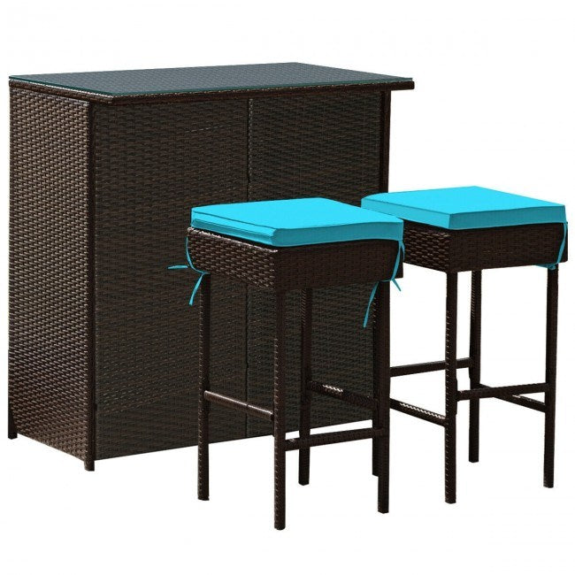 3 Pieces Outdoor Patio Rattan Wicker Bar Set