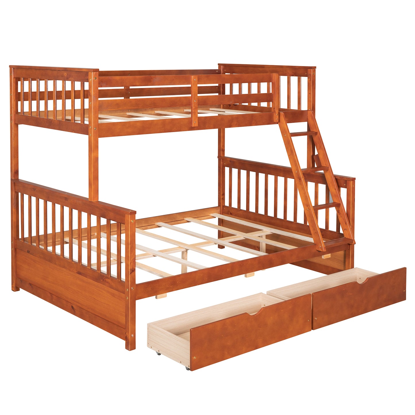 Brown- Twin-Over-Full Bunk Bed with Ladders and Two Storage Drawers