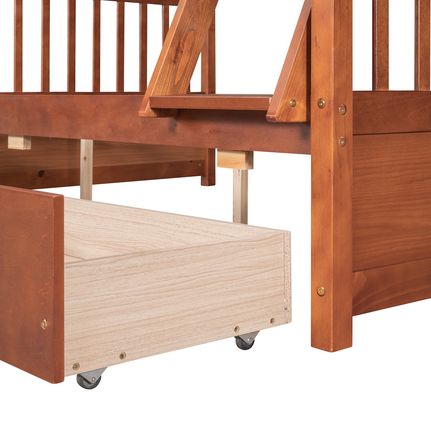 Brown- Twin-Over-Full Bunk Bed with Ladders and Two Storage Drawers