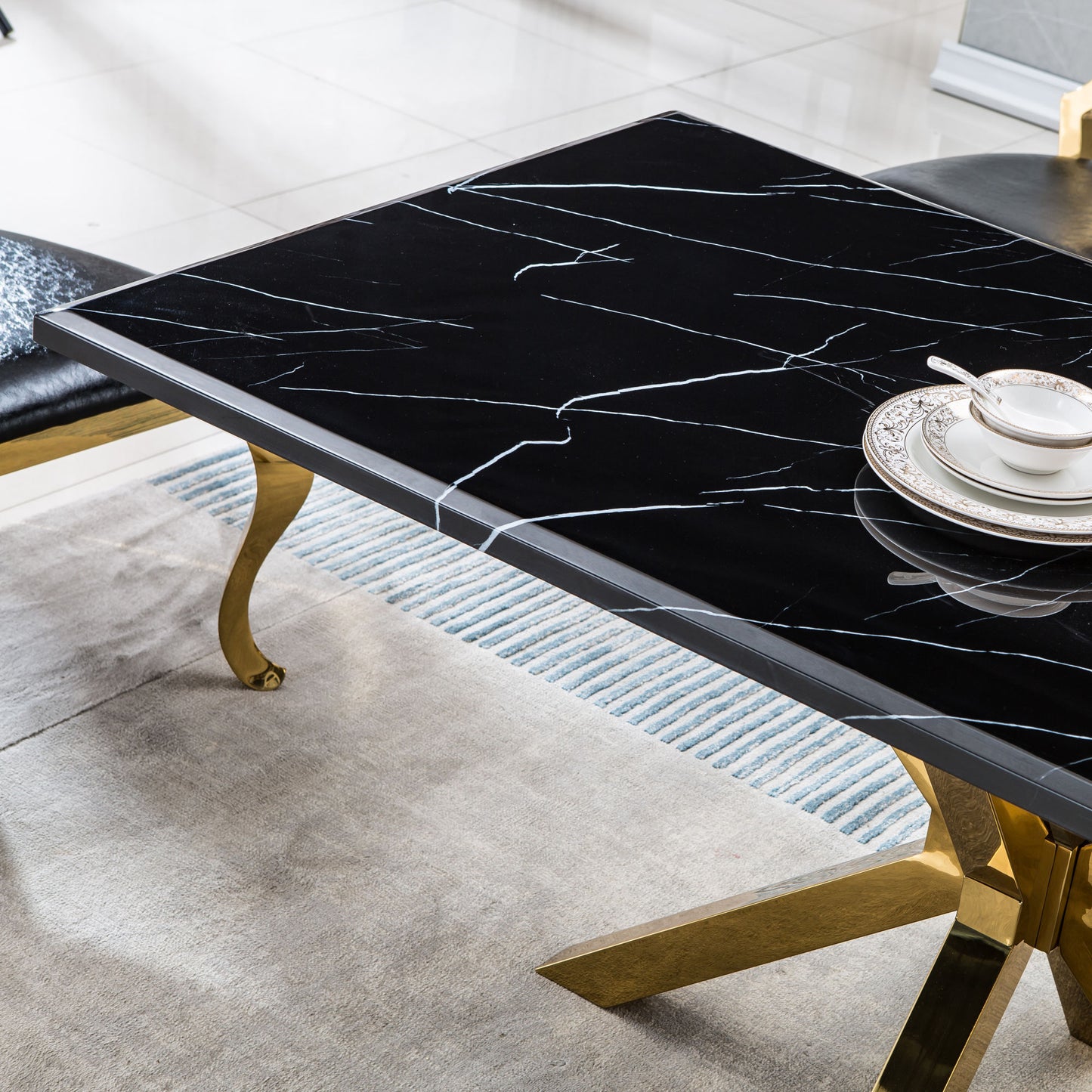 Marble Table for Dining Room/Kitchen, 1.02" Thick Marble Top, Gold Finish Stainless Steel Base, Size:79"Lx39"Dx30"H(Not Including Chairs)