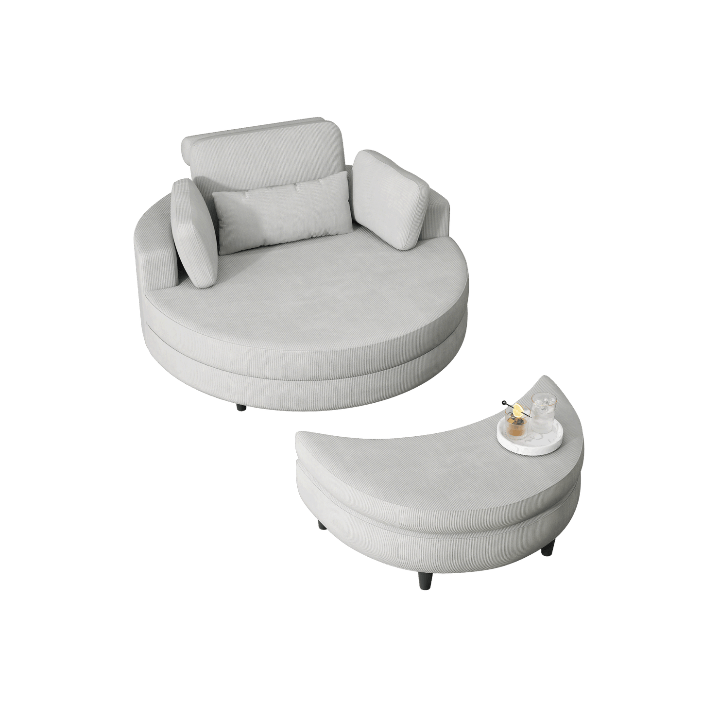 51-inch gray corduroy sofa with two throw pillows and a waist pillow with an extra tray