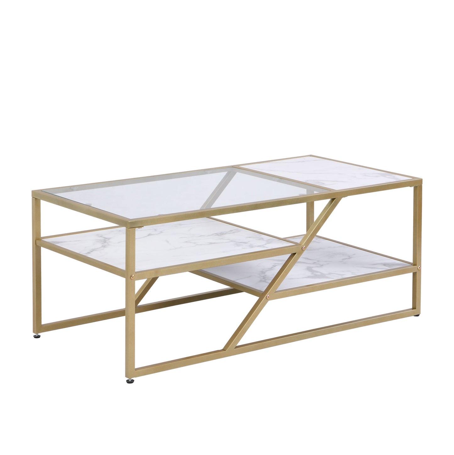 Golden Coffee Table with Storage Shelf; Tempered Glass Coffee Table with Metal Frame