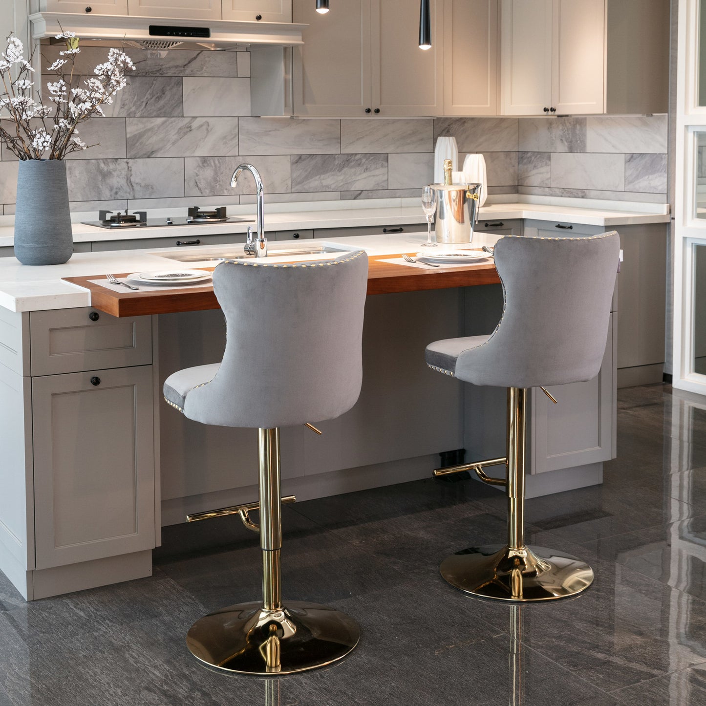 Modern Velvet Gold Studded Barstools