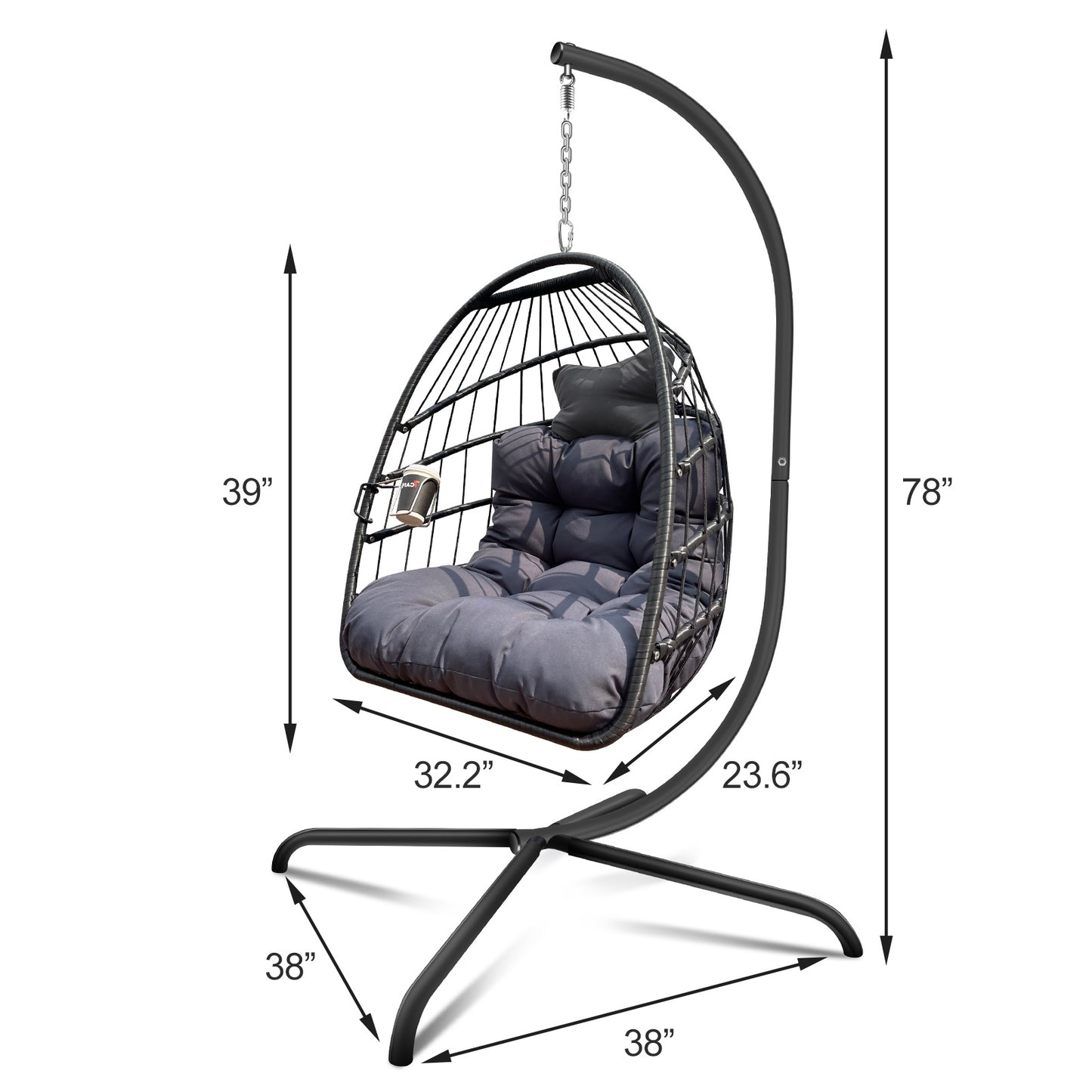 Swing Egg Chair with Stand Indoor Outdoor, UV Resistant Cushion Hanging Chair with Guardrail and Cup Holder, Anti-Rust Foldable Aluminum Frame Hammock Chair, 350lbs Capacity for Porch Backyard