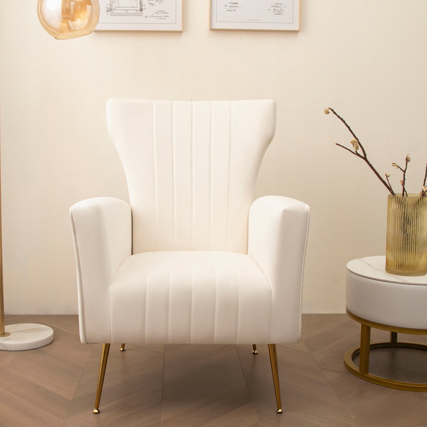 Velvet Accent Chair, Wingback Armchair with Gold Legs, Upholstered Single Sofa, White